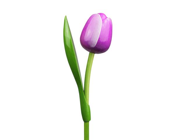 Wooden tulip in a wooden base, to stand, 34cm high, made in Holland, color: violet/white